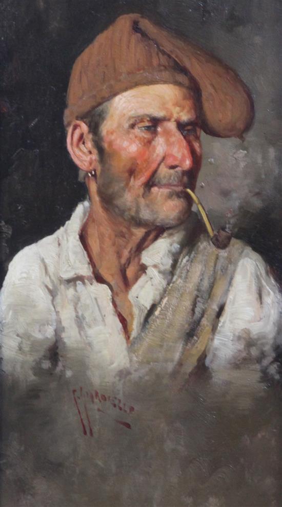 Giuseppe Giardiello (1887-1920) Portrait of an Italian man smoking a pipe, and his wife, 11 x 6.5in.